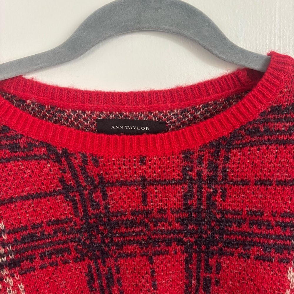 Ann Taylor Red/Black/Camel Plaid Wool Blend Sweater, Size Small - Picture 4 of 13
